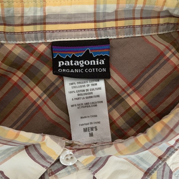 Patagonia Organic Cotton Tan Plaid Button Up Long Sleeve Men's M flaw* - Picture 3 of 7